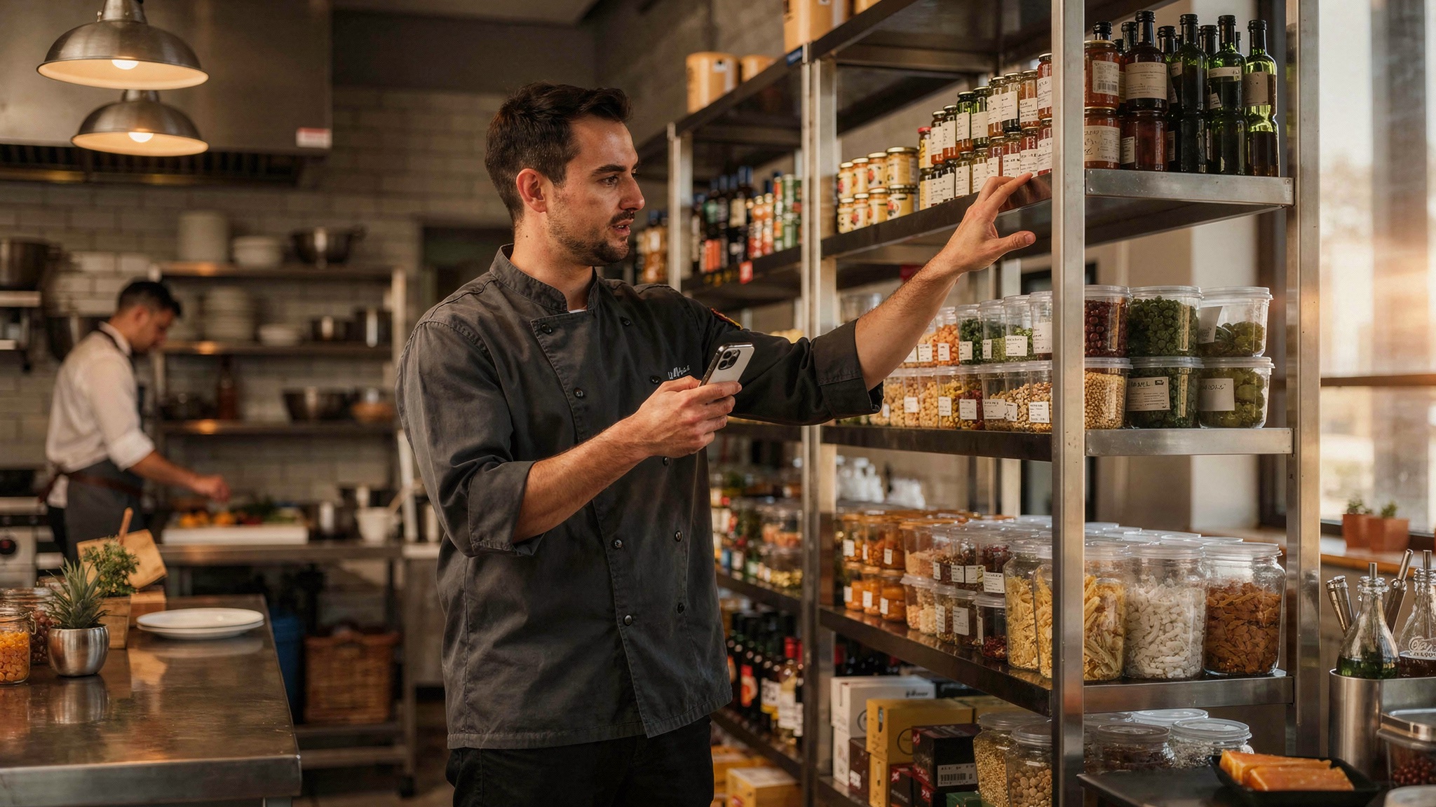 Restaurantmanager die voorraadbeheersoftware gebruikt op een mobiele telefoon voor voorraadtelling