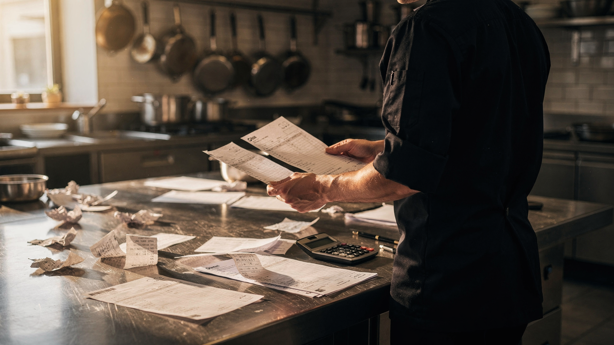 Restaurantchef die facturen van leveranciers doorneemt in een professionele keuken met een rekenmachine en bezorgbonnen