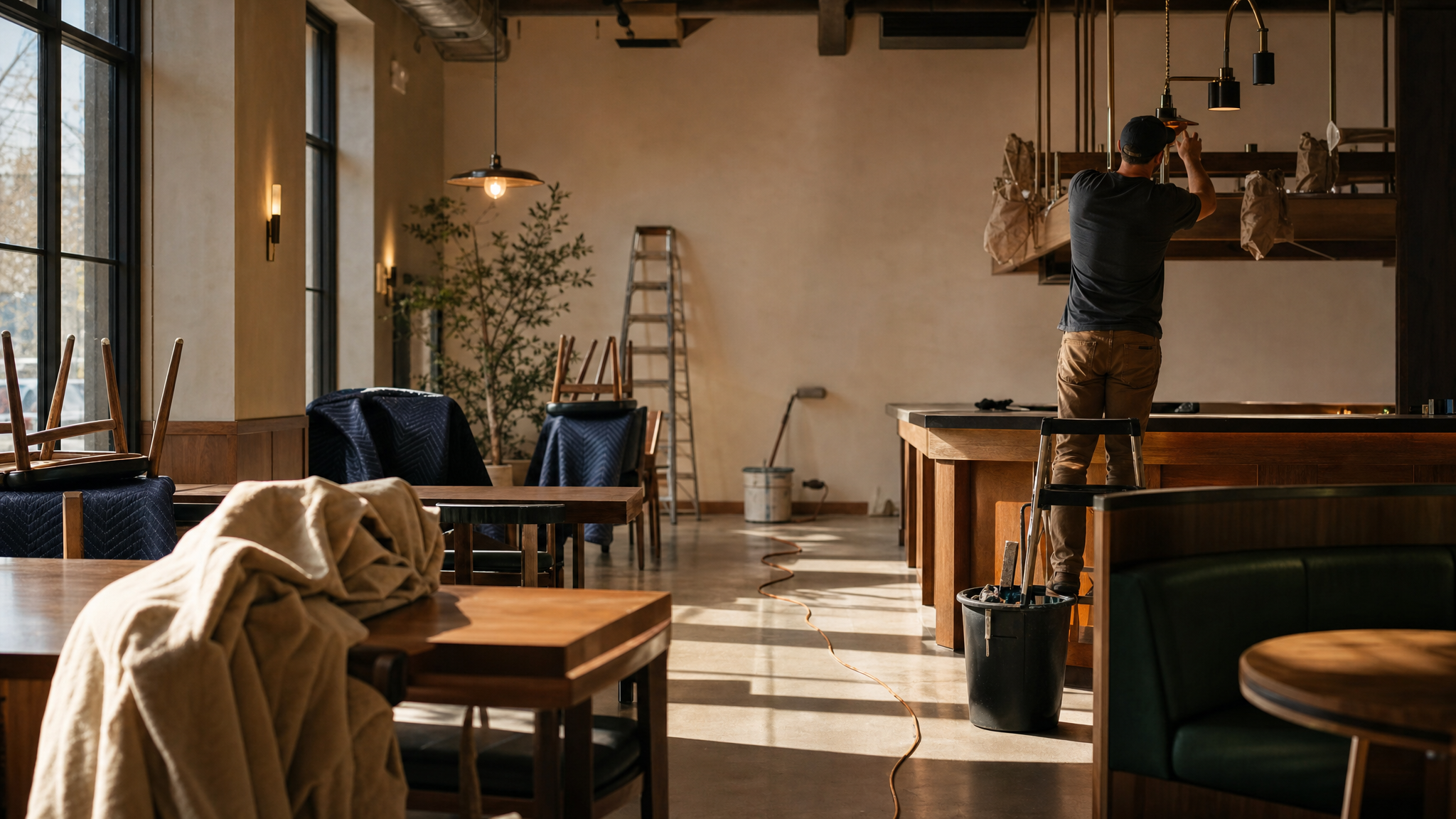 Nieuwe restaurantvestiging voor de opening: medewerker installeert verlichting boven de bar, stoelen zijn gestapeld en meubels afgedekt.