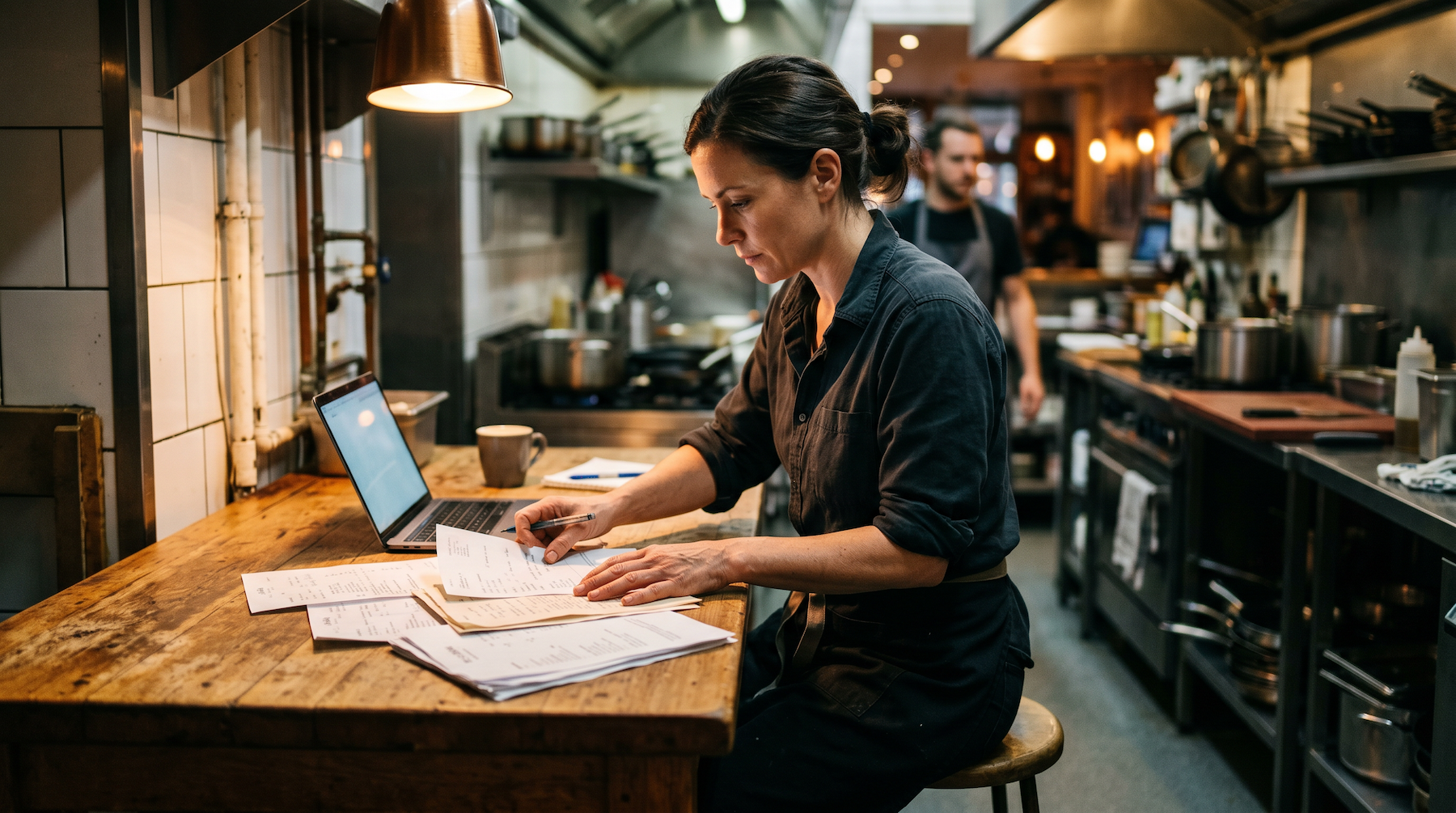 Restaurantmanager die foodcostcijfers doorneemt aan een keukentoonbank, met facturen naast een laptop tussen twee diensten in.