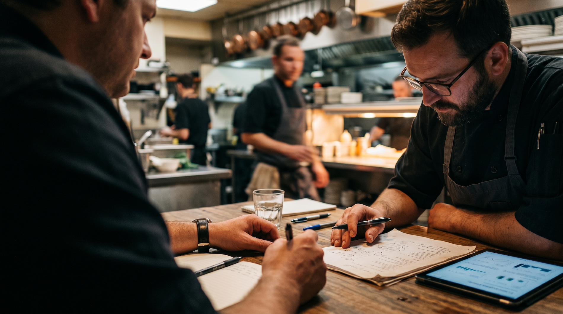 Restaurantmanager en chef-kok bekijken receptkosten aan een voorbereidentafel met tablet en notities, met de keukenline op de achtergrond.