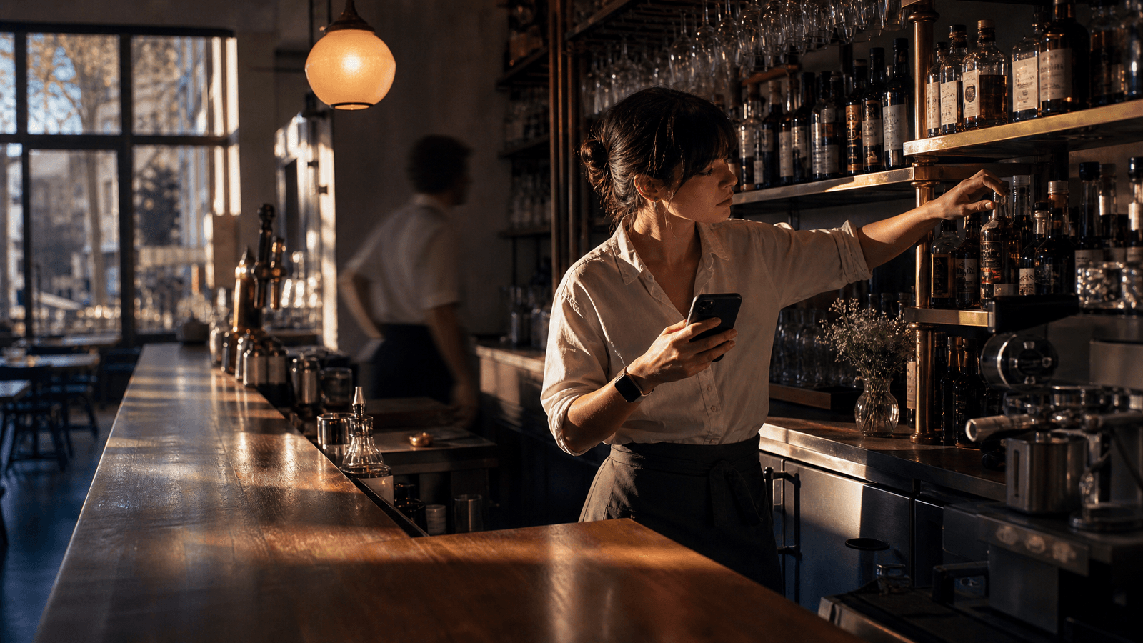 barman staat achter de bar en doet voorraadtelling met een smartphone