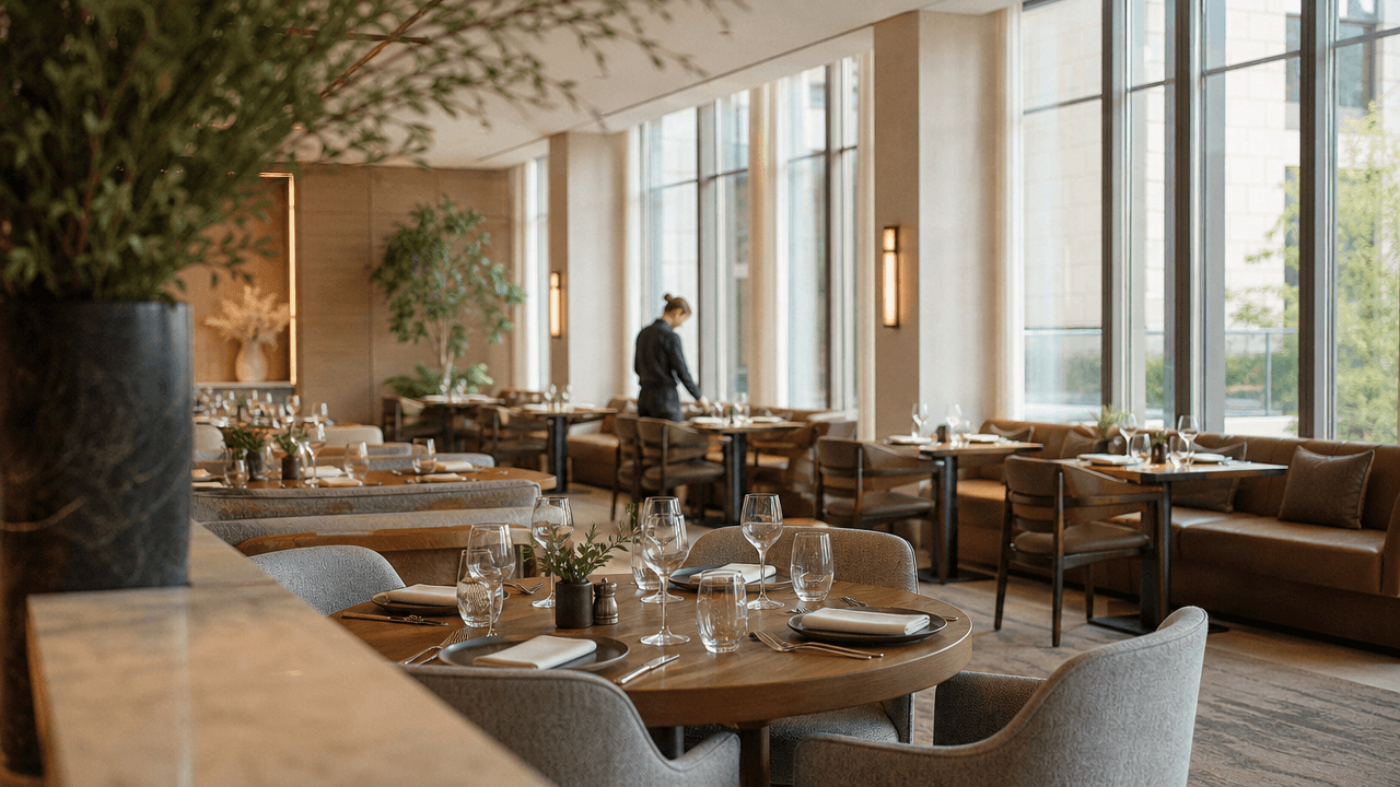 Gastraum eines Restaurants während des Service in einer Gruppe mit mehreren Standorten, die von einer Zentralküche beliefert wird