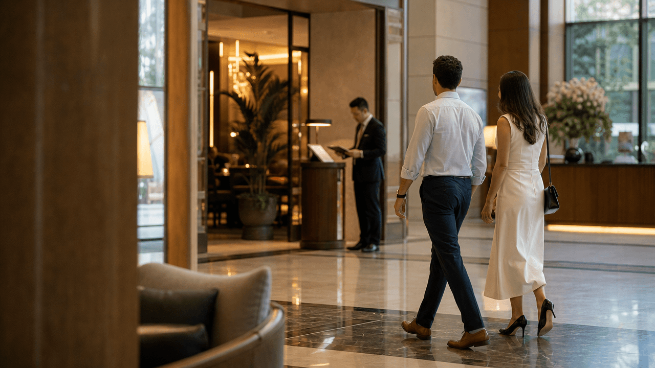 To gjester som kommer inn på en hotellrestaurant ved lobbyen før service