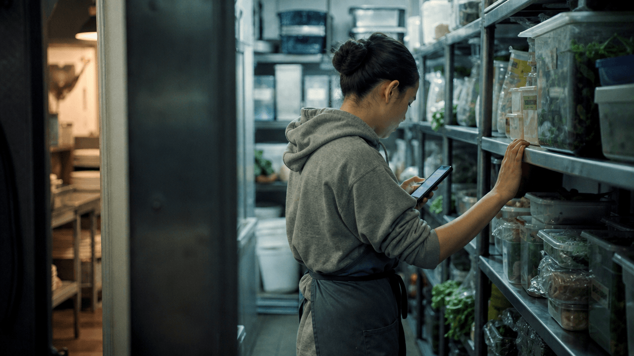 Kok die tijdens een voorraadtelling in een restaurant voorraad telt op de schappen van de koelcel met een telefoon in de hand