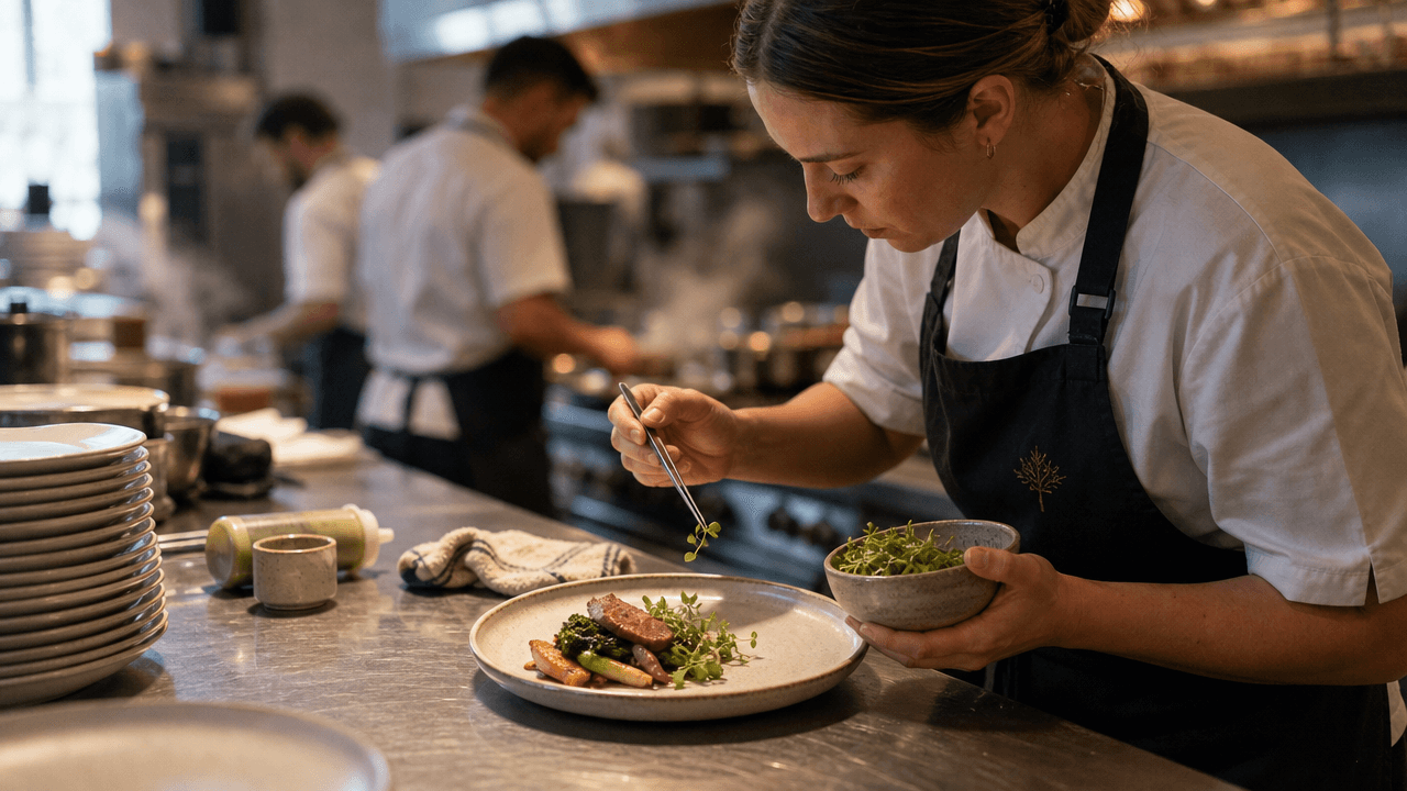 Kjøkkensjef som setter et garnityr på en uferdig rett ved passet under service i et restaurantkjøkken