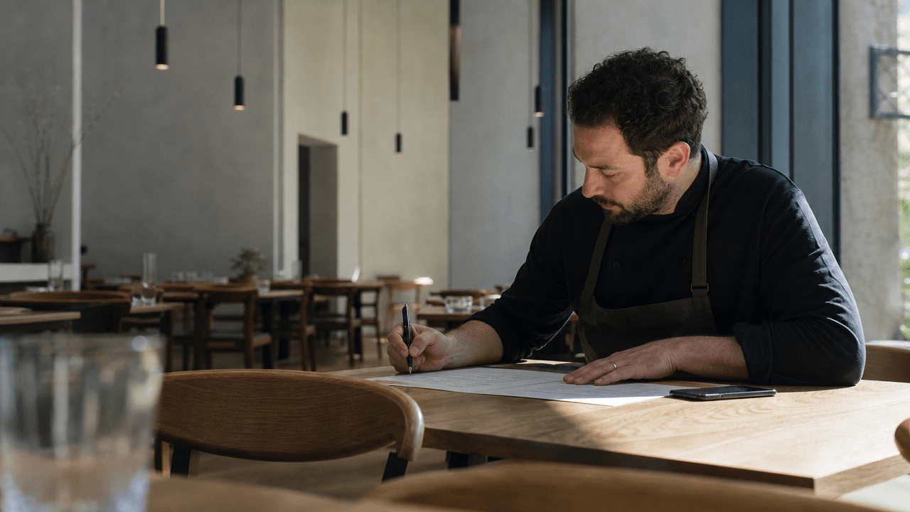 Chef sitting alone in an empty dining room, working through a printed menu sheet