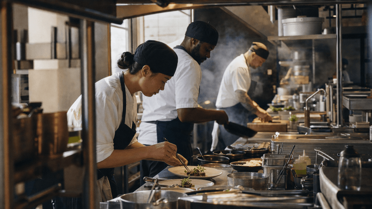 Three cooks working a busy service line, the nearest plating with tweezers while the others work a pan and a cutting board behind