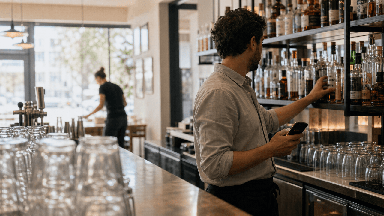Drukke uitgiftelijn van een restaurant gezien door de afzuigkap tijdens een dienst