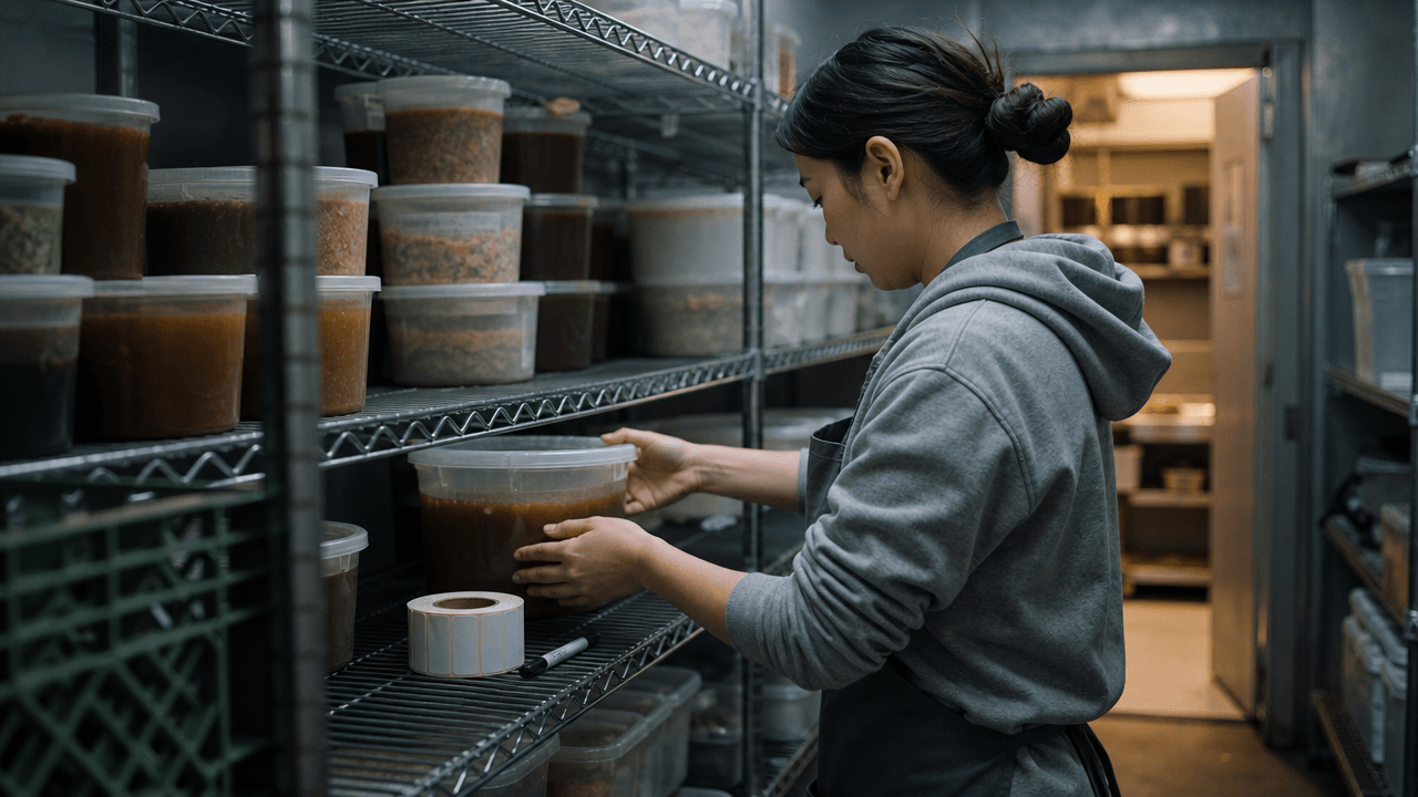 Cook shelving a labelled container in the walk-in, label roll and marker within reach