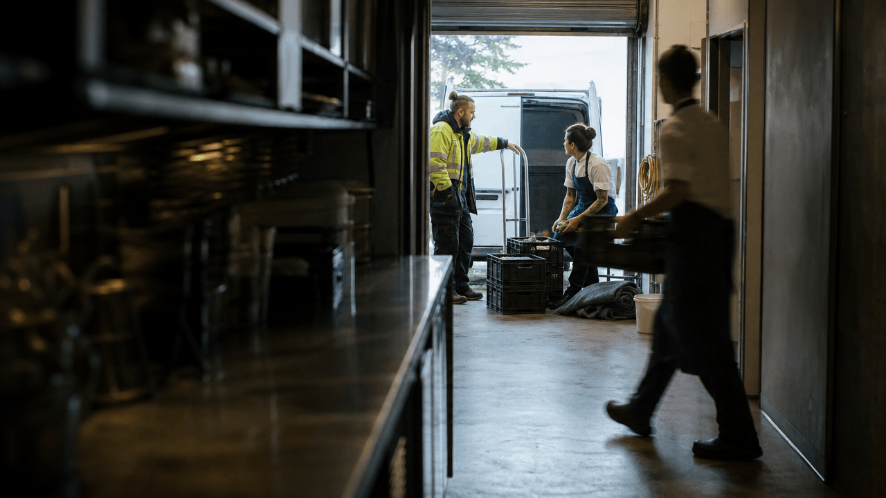 Delivery arriving at the back door as a cook checks the crates in