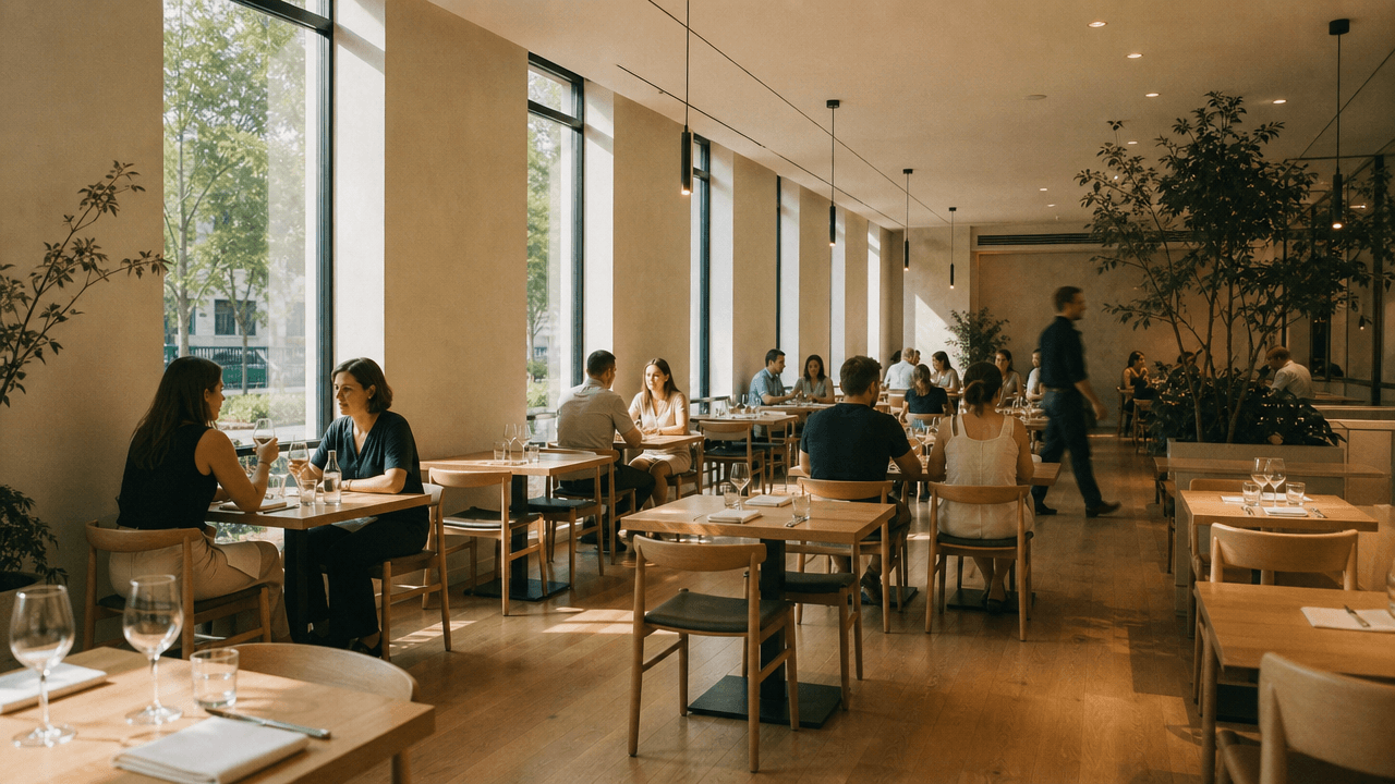 Busy restaurant dining room during lunch service, a manager passing between tables